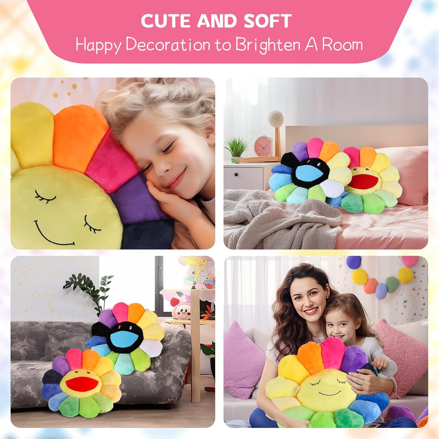 SNEPOO Smile Face Plush Rainbow Pillow - 40cm Black and White