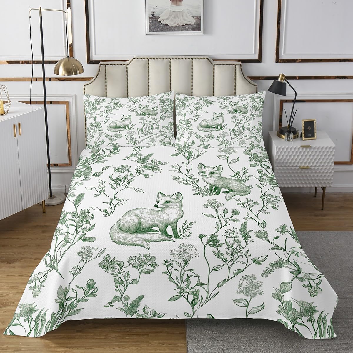 Erosebridal Kids Fox Quilt Set with Botanical Leaves Flowers