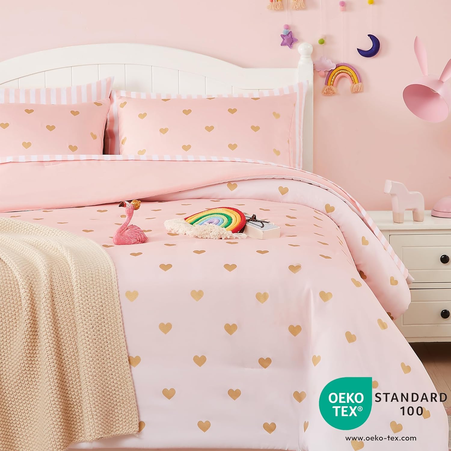 Wink Deer Pink Gold Heart Twin Comforter Set