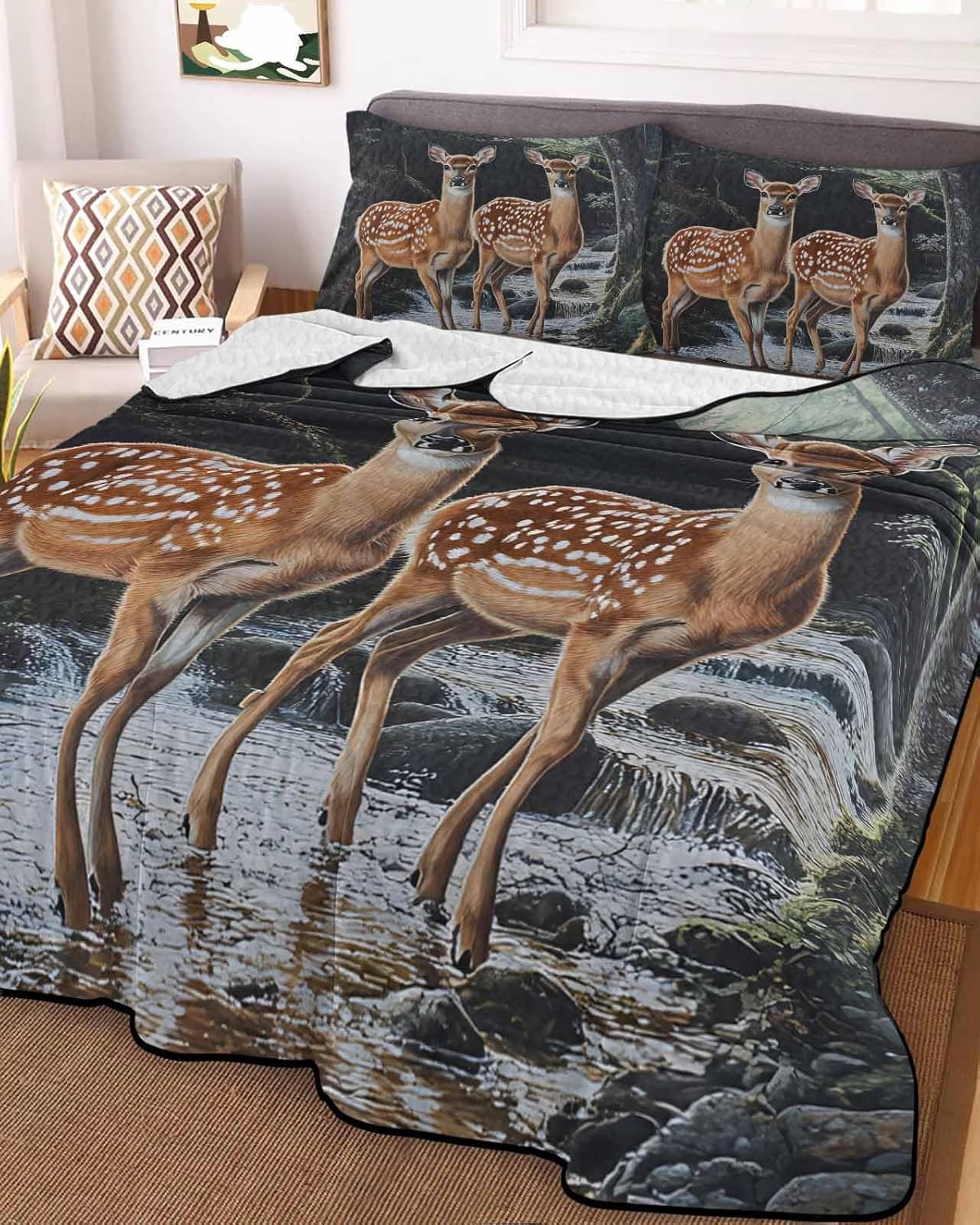 Stongaro Twin XL Forest Deer Quilt Comforter Set 3 Pieces