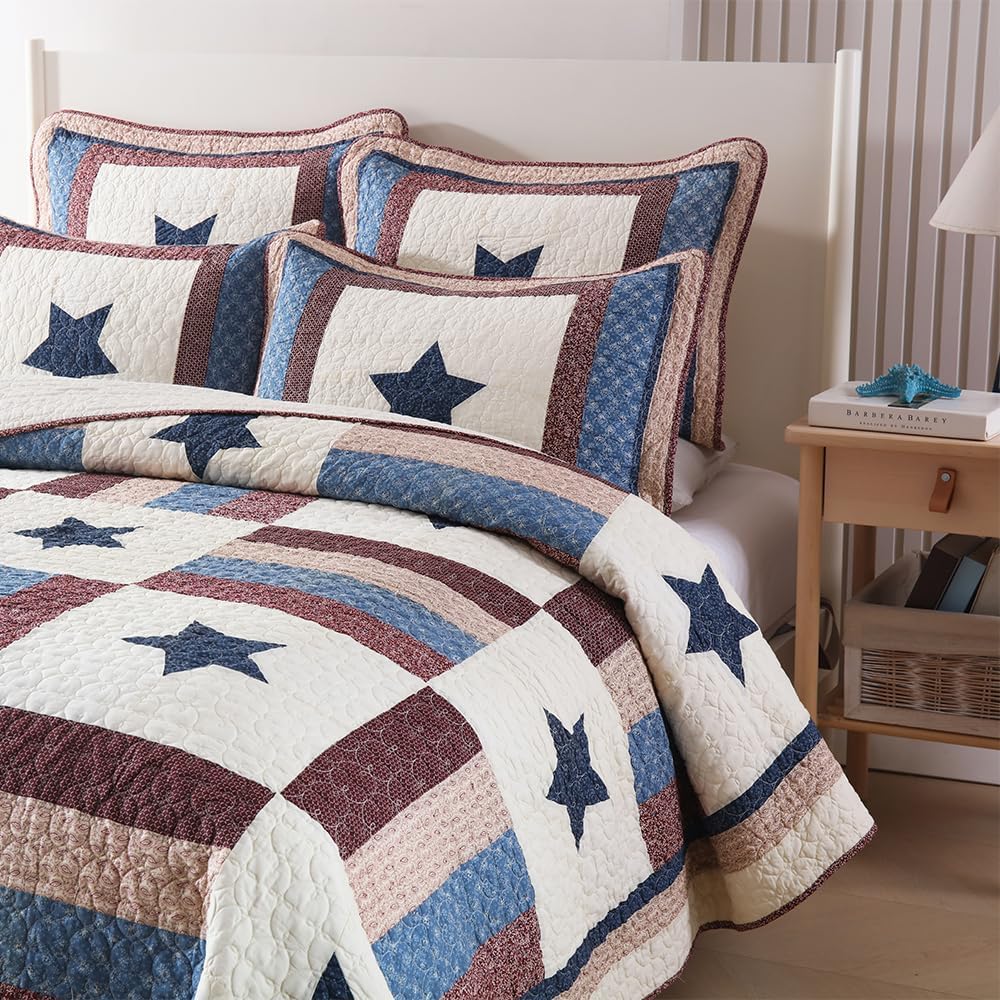 VISIMISI Cotton Bedding Quilt Set 3 Pieces Reversible Star Pattern
