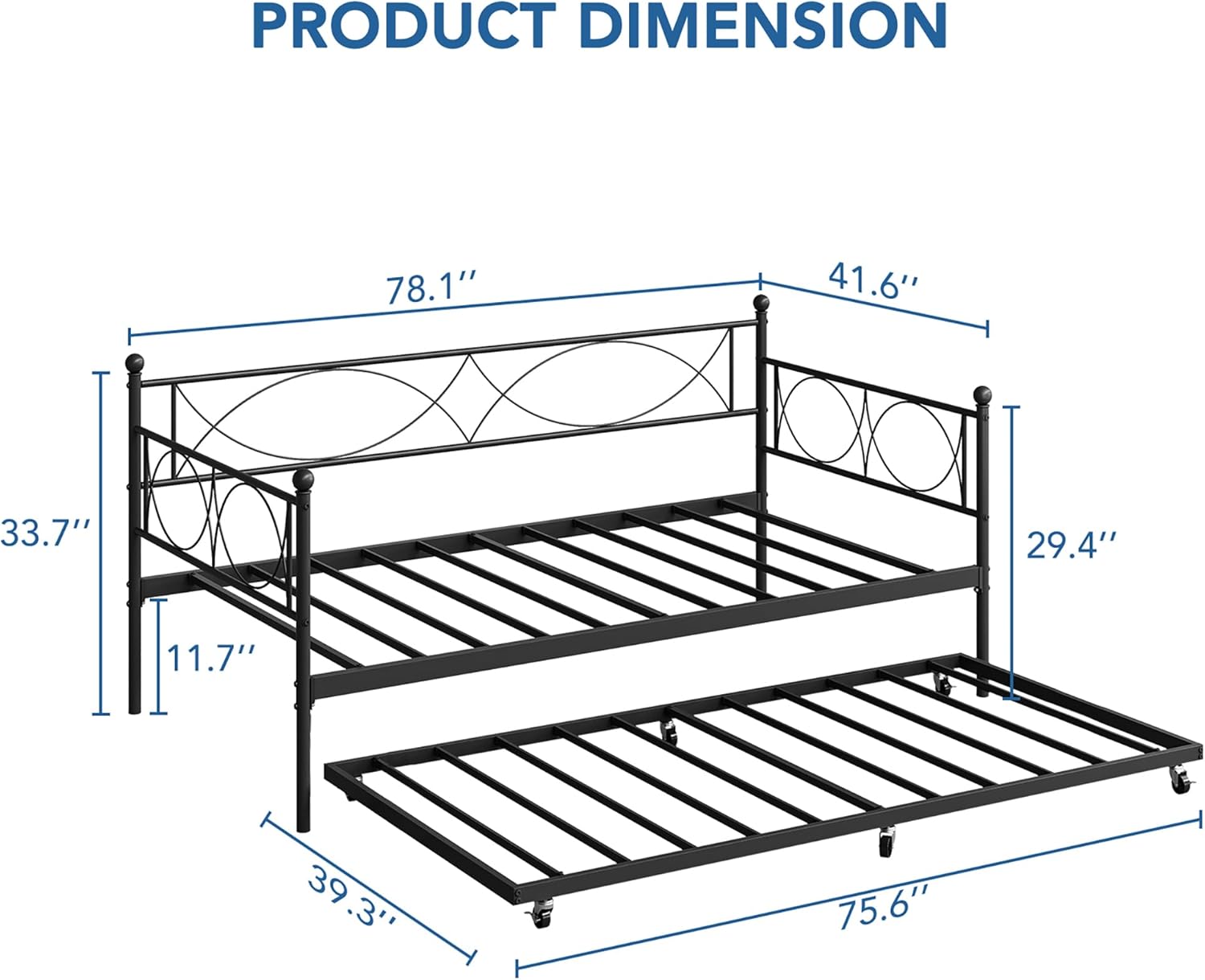 IDEALHOUSE Modern Black Metal Daybed with Trundle