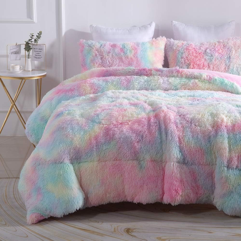 Wajade Faux Fur Rainbow Comforter Set - 3PC Fluffy Shaggy Bedding