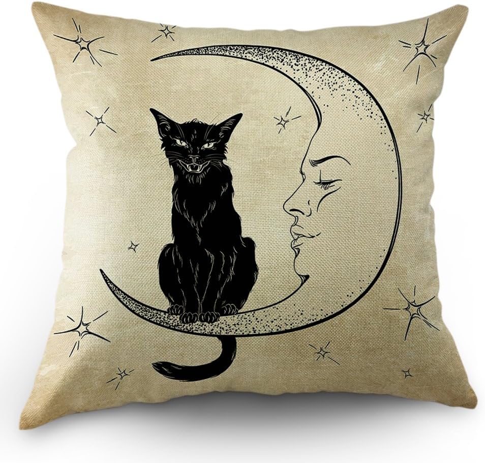 Moslion Black Cat Sits on Moon Throw Pillow Cover 18x18 Inch