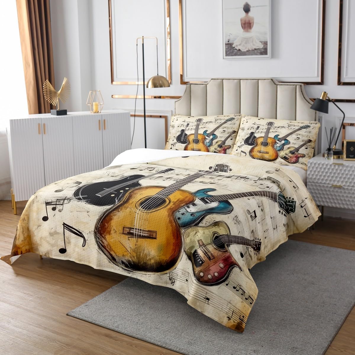 Retro Guitar Bedspread King Size 3Pcs Set