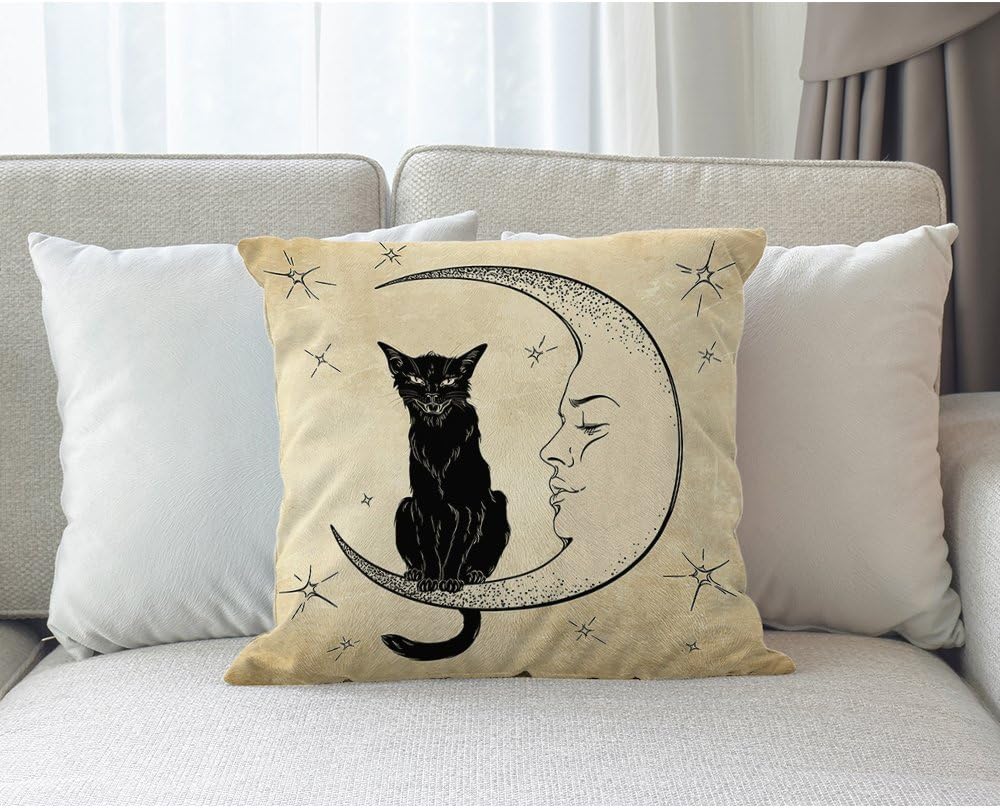 Moslion Black Cat Sits on Moon Throw Pillow Cover 18x18 Inch