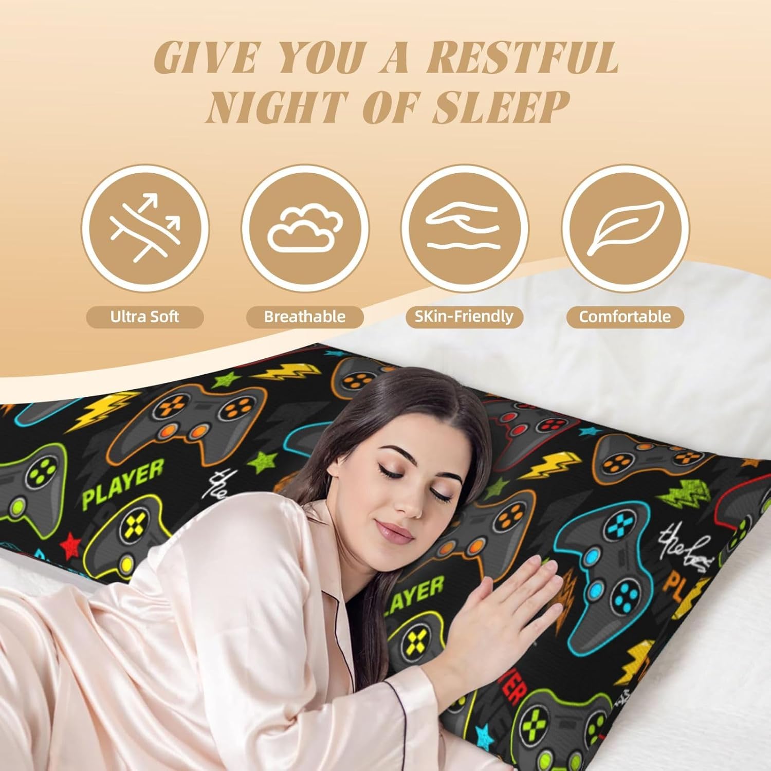 Gaming Body Pillow Case for Boys 20x60 Microfiber with Zipper