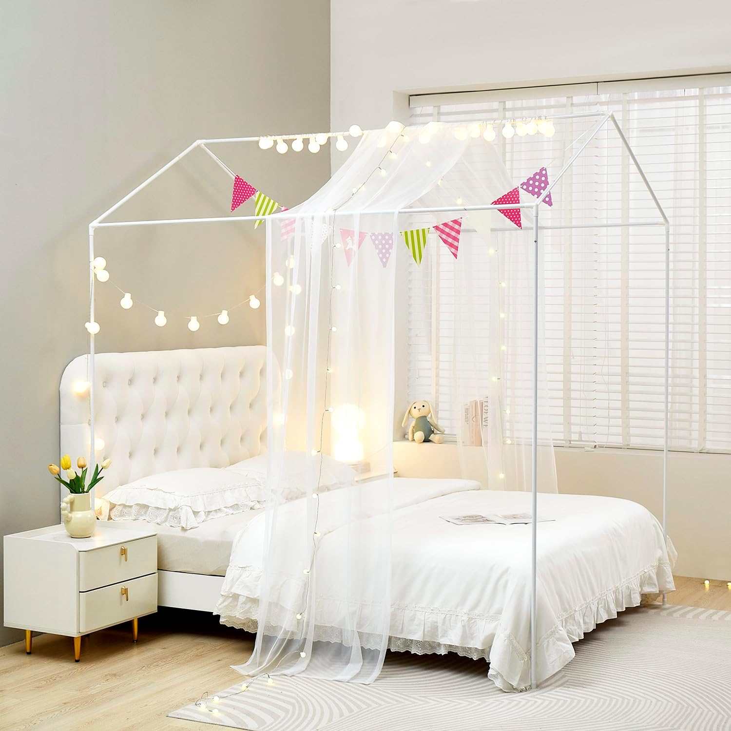 Mengersi Bed Canopy with Lights TwinTwin XL White