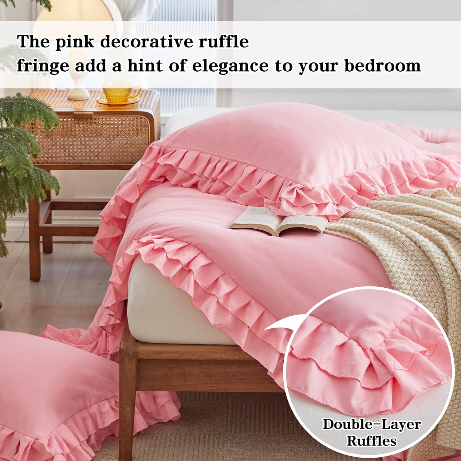 Pink Ruffled Comforter Set Twin Size 3 pcs