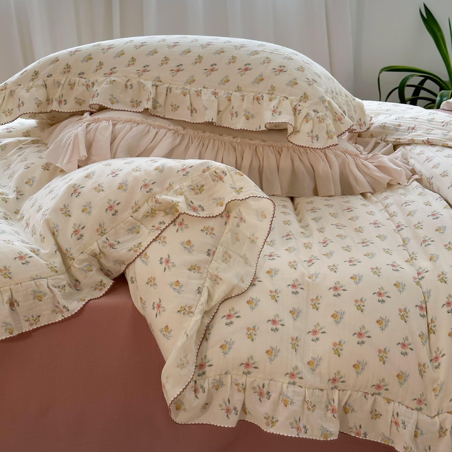 BuLuTu Cotton Muslin Duvet Cover Twin with Ruffles and Zipper
