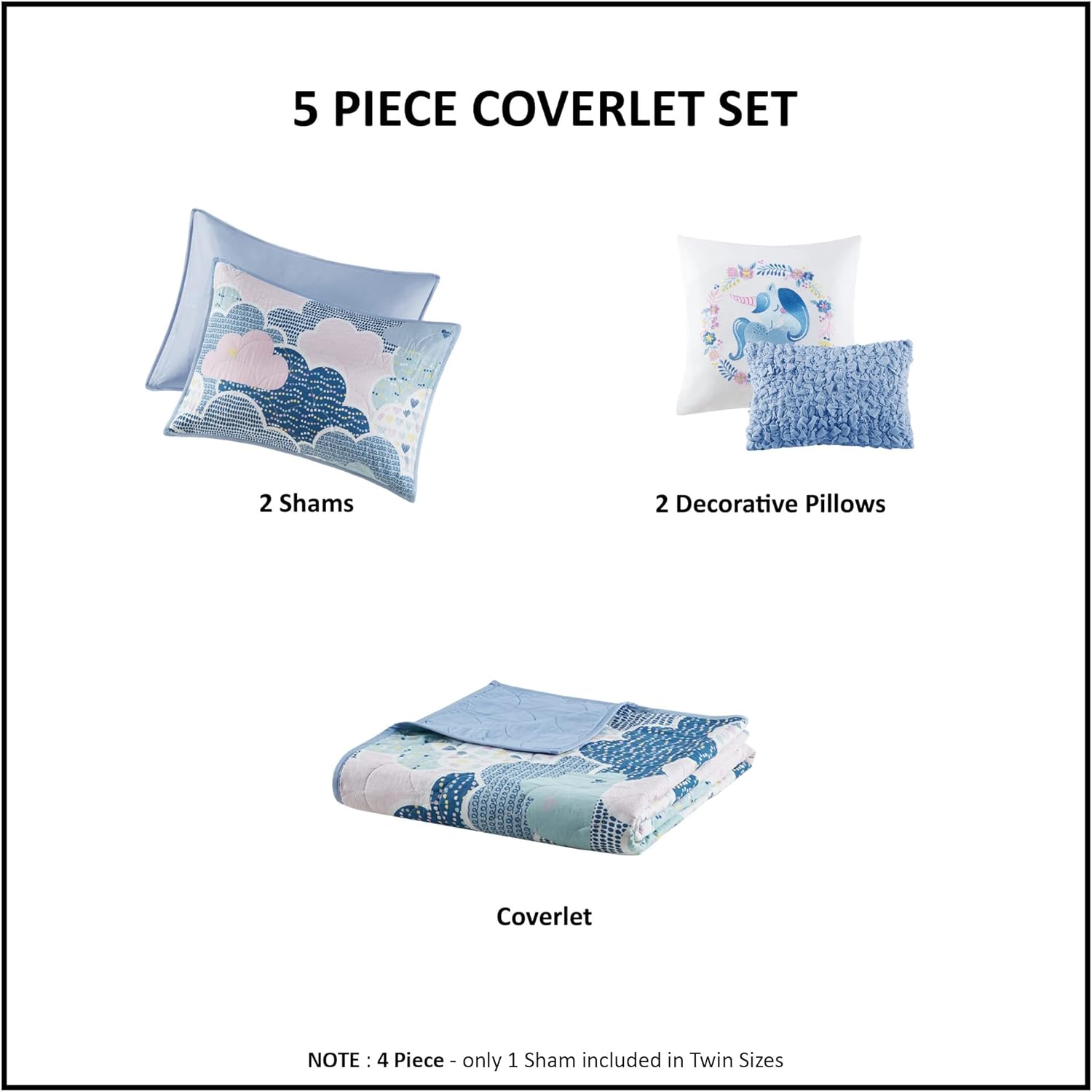 Reversible Cotton Quilt Set - Cloud Blue 5 Piece Kids Bedding