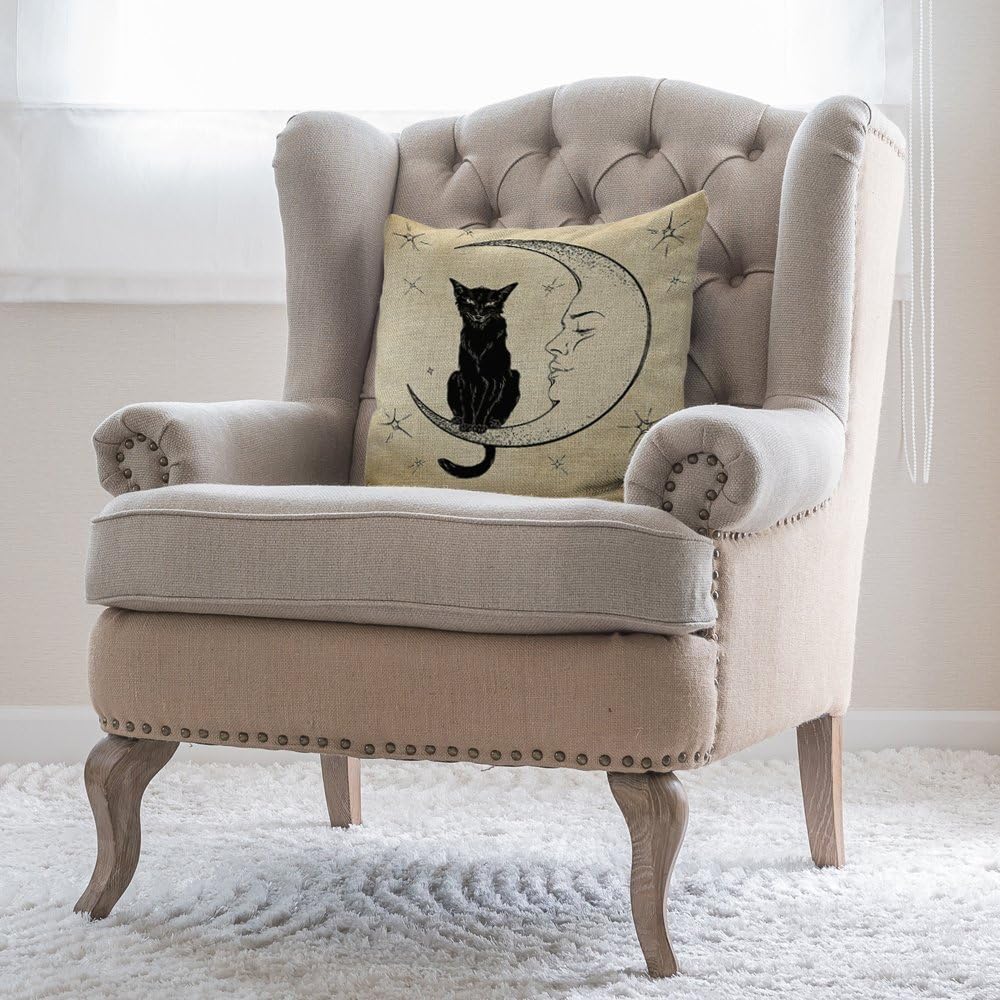Moslion Black Cat Sits on Moon Throw Pillow Cover 18x18 Inch