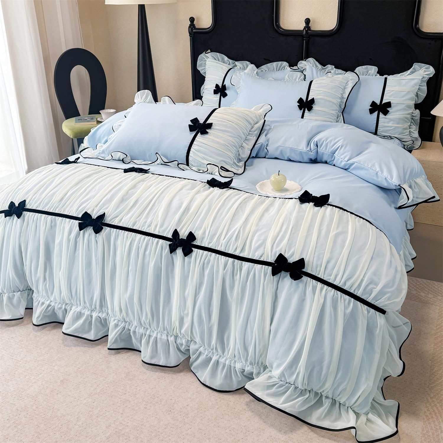 SOUKECHY Princess Pink Ruffle Duvet Cover Set with Bowtie