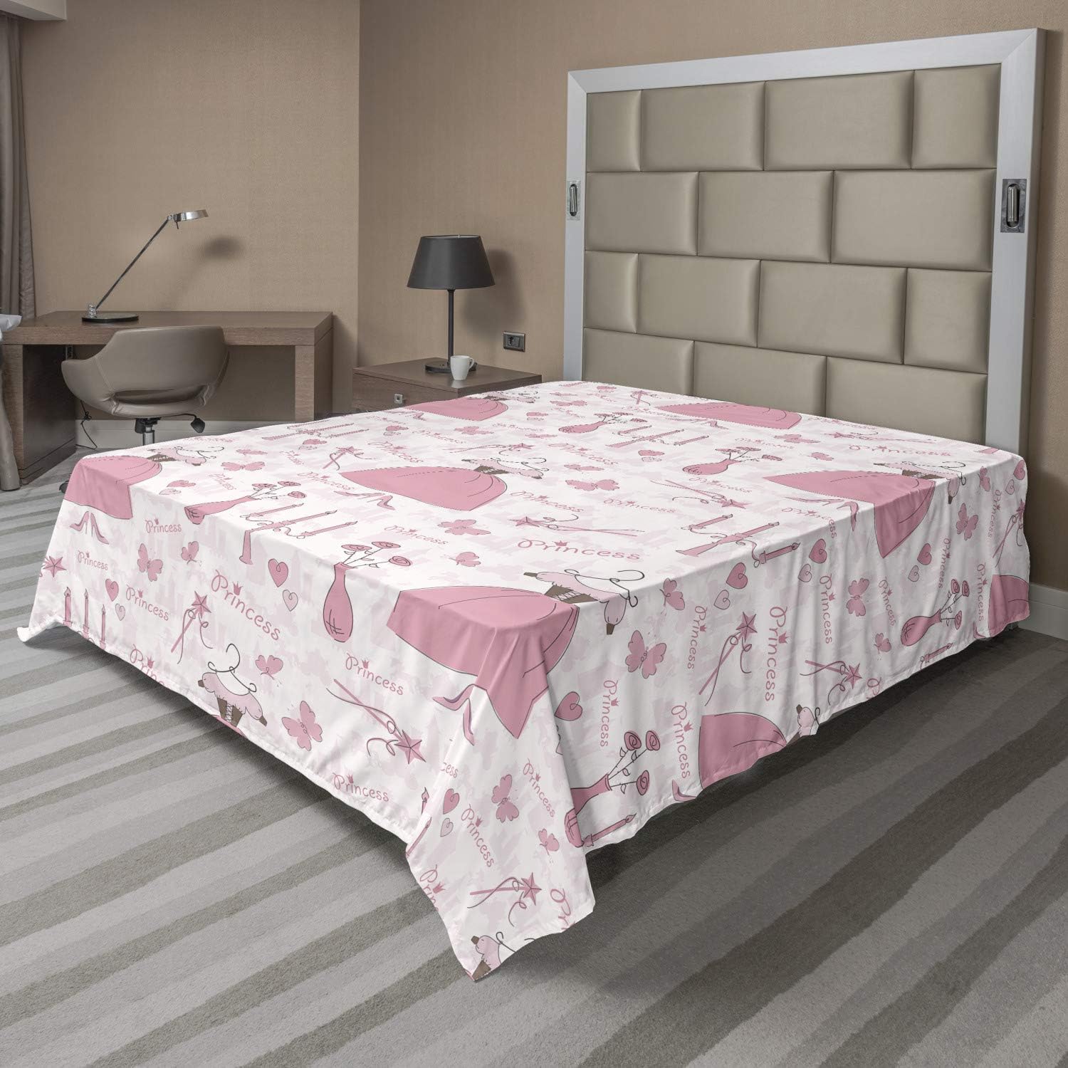 Ambesonne Cartoon Flat Sheet 108x102 Inches Rose Pale Pink White