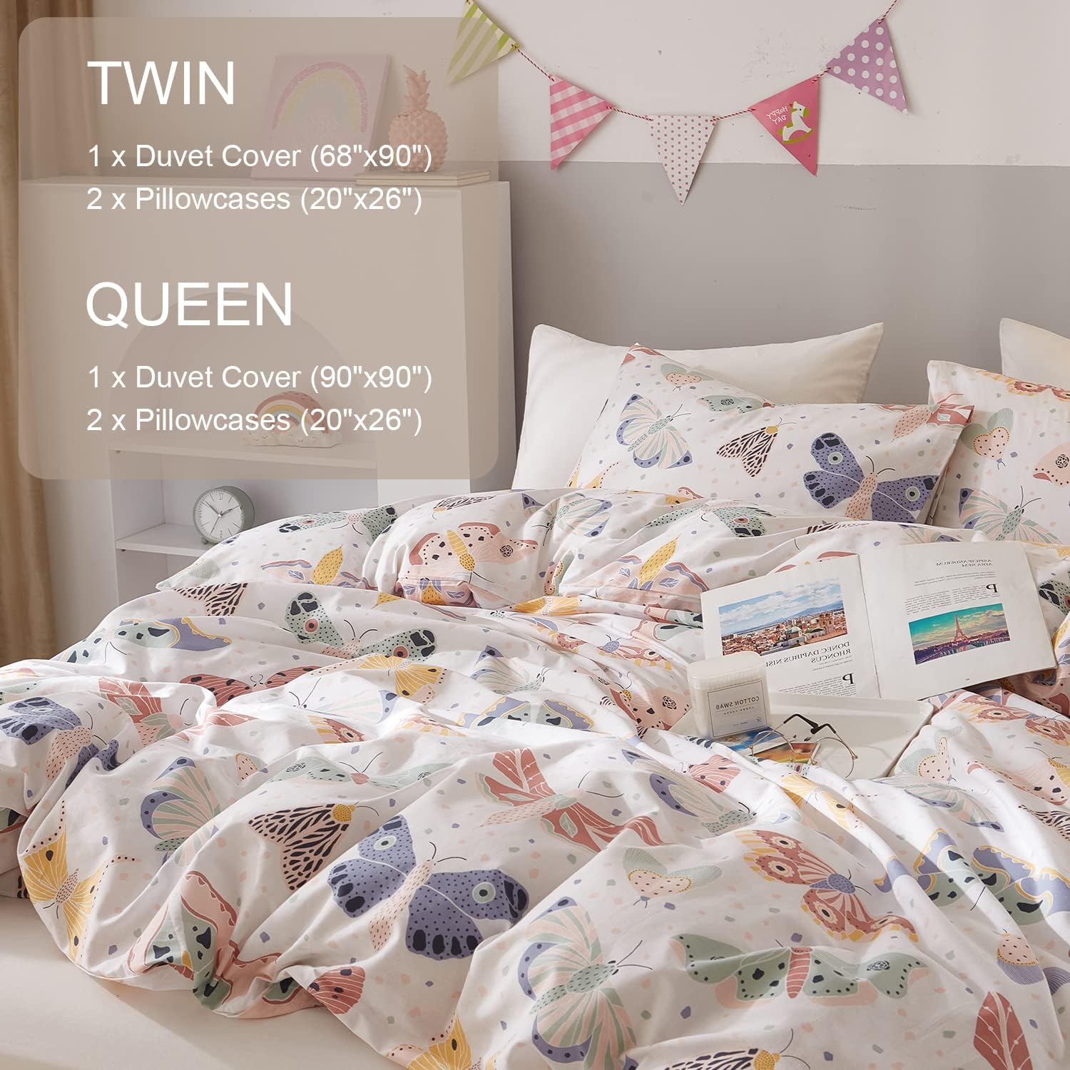 Ivellow Twin Duvet Cover Kids Butterfly 3Pcs 100 Cotton