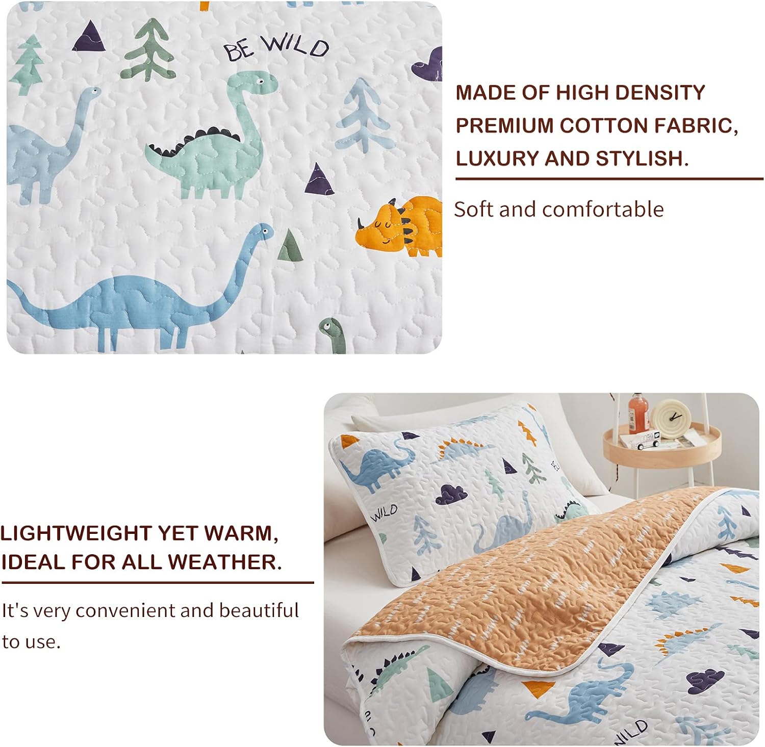 Joyreap 2-Piece Cotton Quilt Set Twin Dinosaur Reversible Design