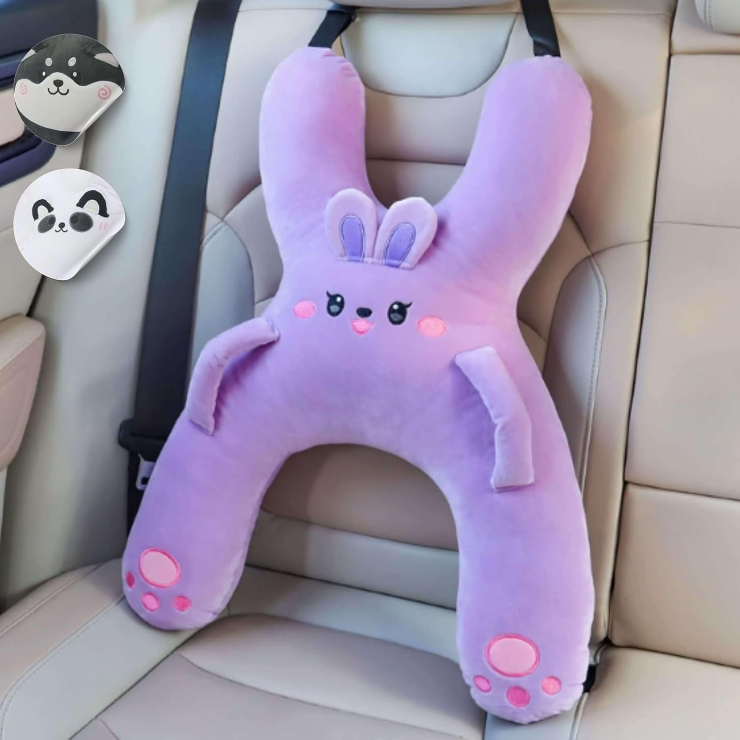 Kids Car Sleeping Pillow - X-Shaped Plush Animal with Seat Belt Slot - Purple