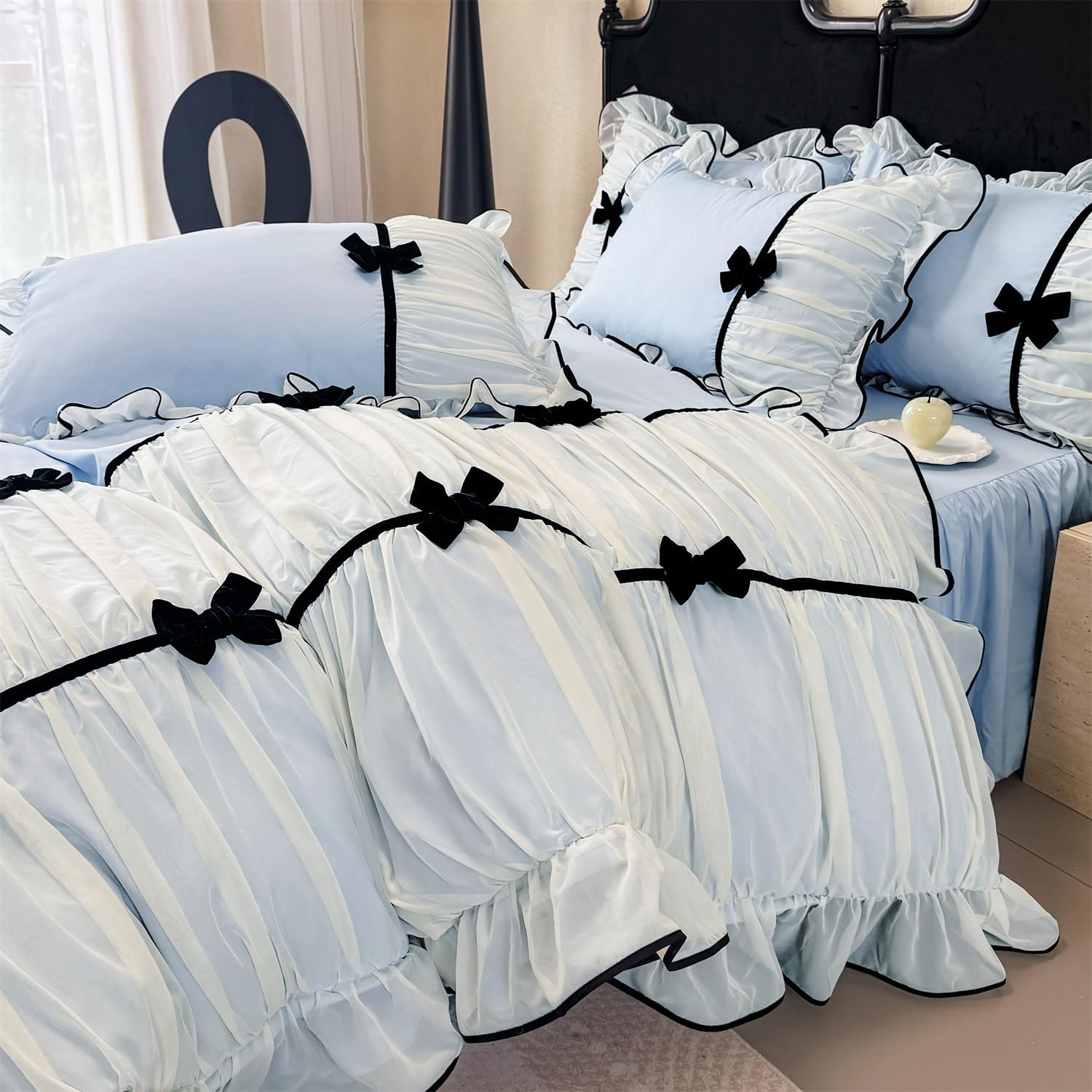 SOUKECHY Princess Pink Ruffle Duvet Cover Set with Bowtie