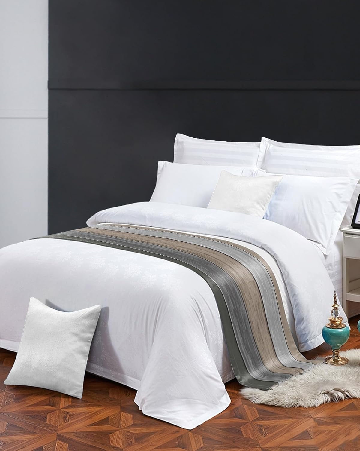 Litter Star King Bed Runner Farmhouse Gradient Gray Wood Grain Bedding Scarf