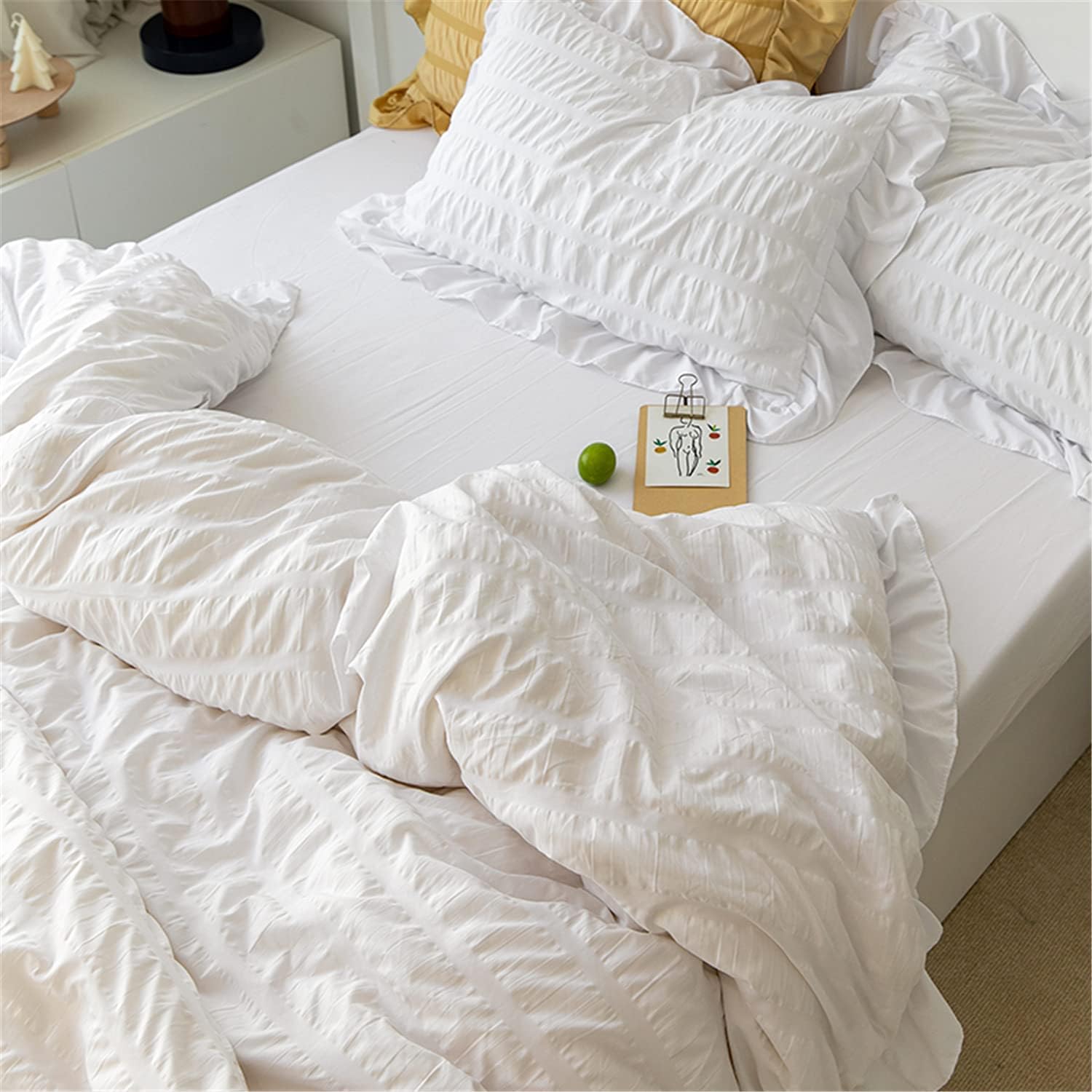 White Ruffled Duvet Cover Set 3 Piece Queen Seersucker Textured Stripe