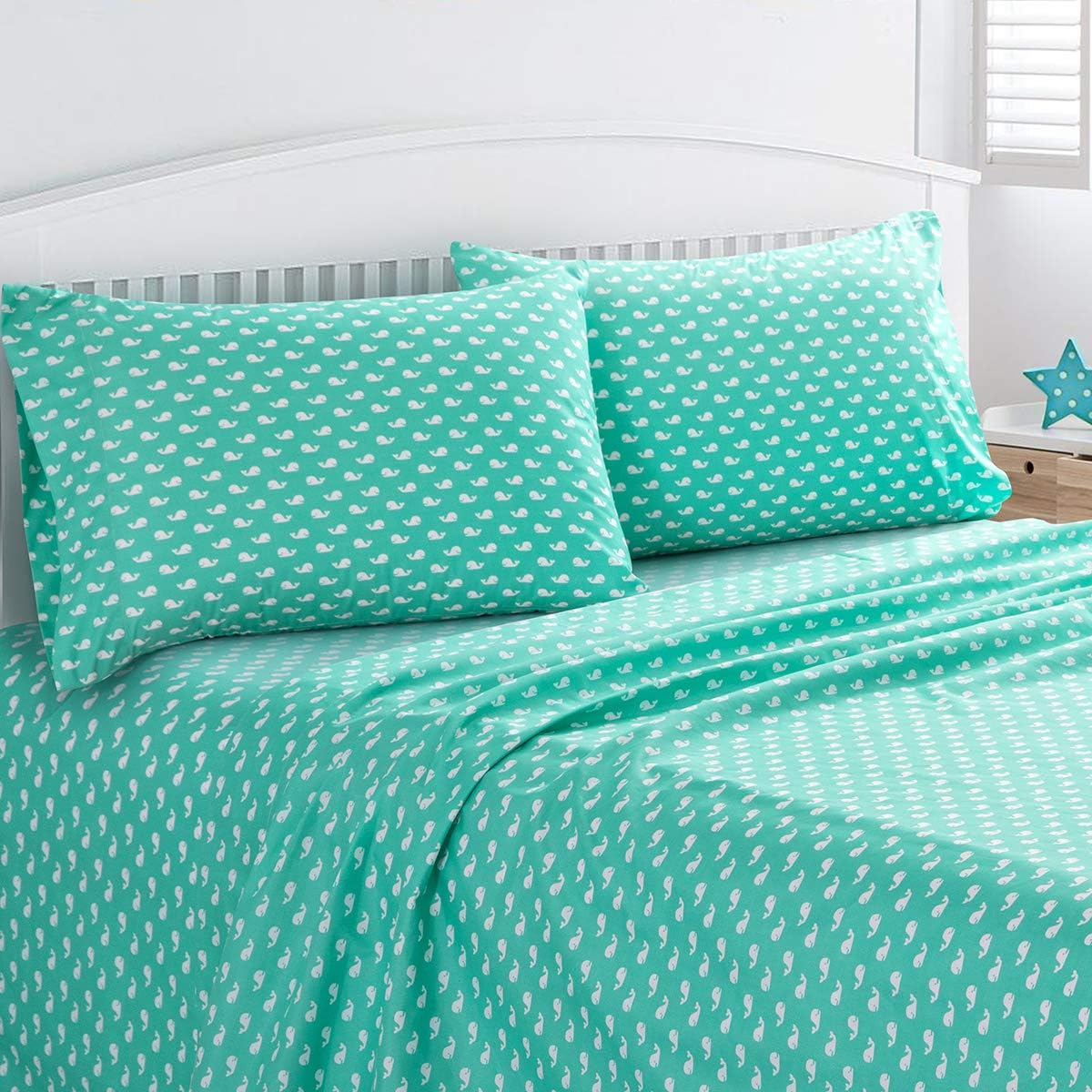 Vonty Kids Bed Sheets Twin Green Whale Print Set