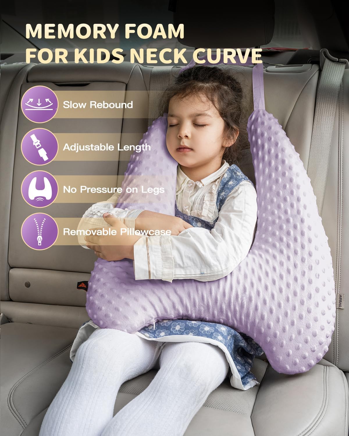 Memory Foam Kids Travel Pillow with Velvet Dots and Adjustable Straps