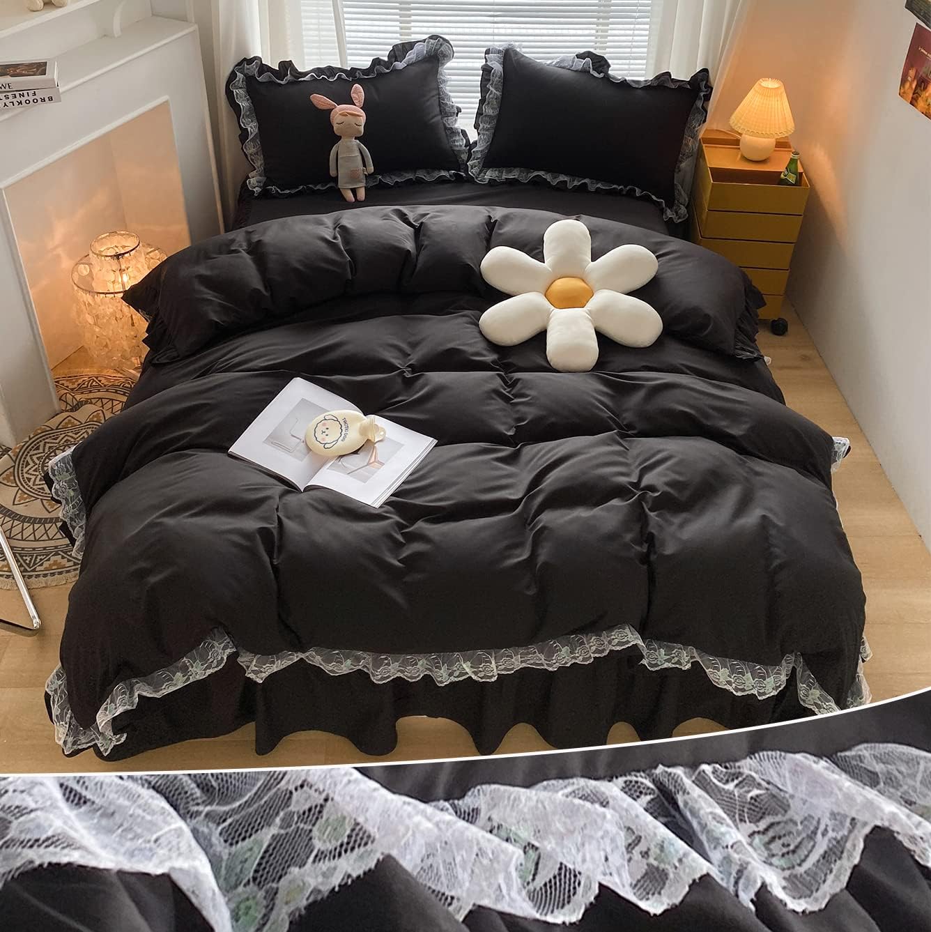 MOOWOO Chic Ruffle Lace Duvet Cover Set - Queen Size Black Bedding