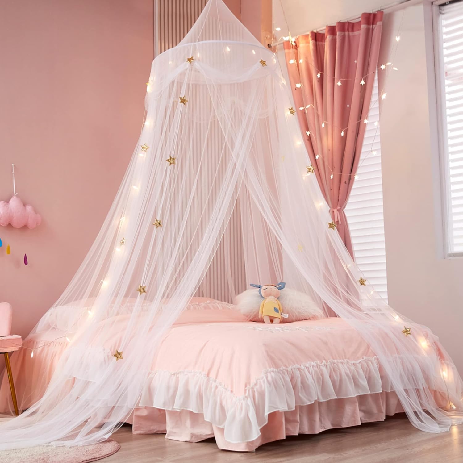 Gold Star Princess Bed Canopy with Lights for Kids
