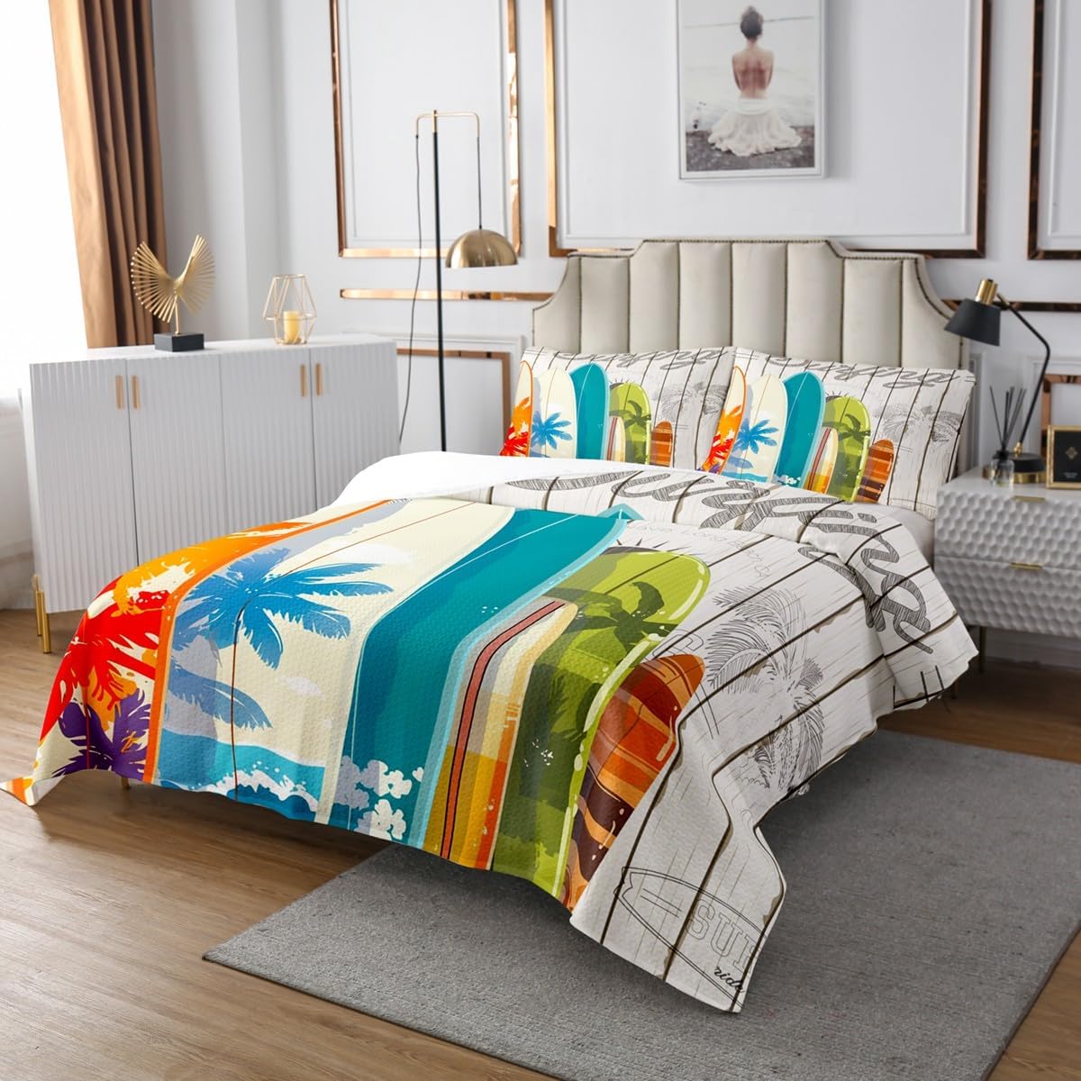 Manfei Kids Surfing Bedspread Queen Size with 2 Pillowcases