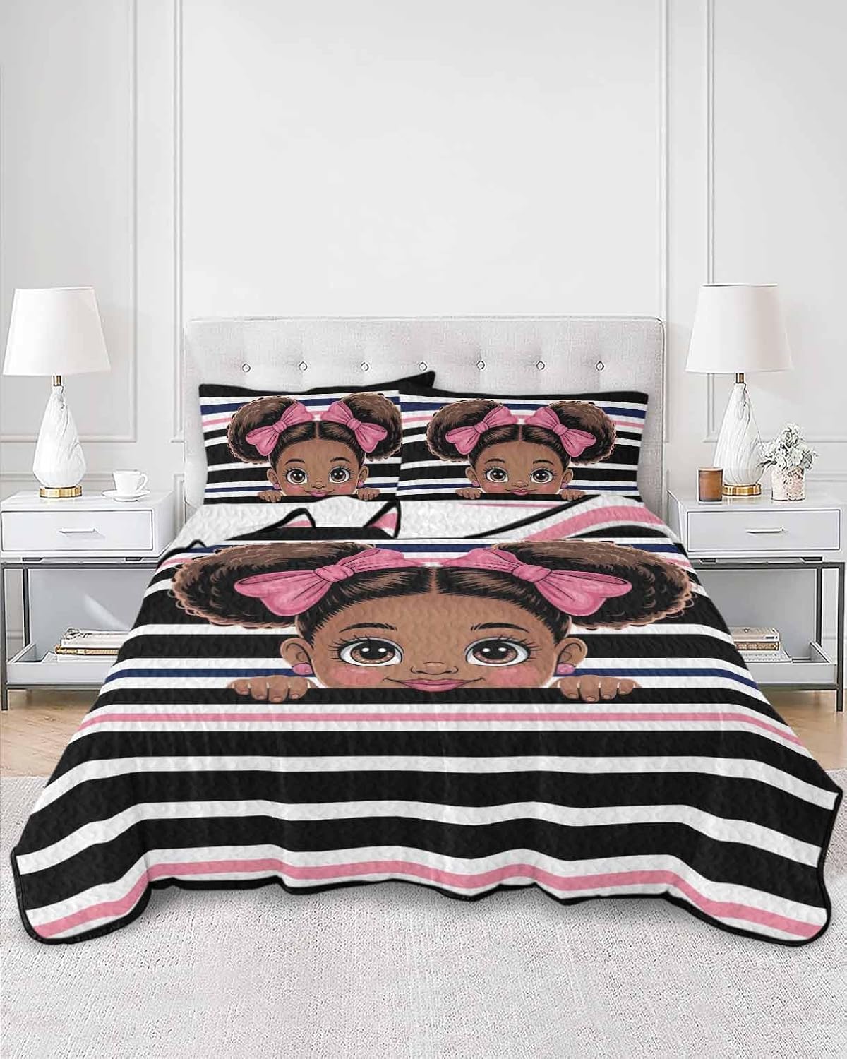 Stongaro Quilt Twin XL Black Pink Stripes Set