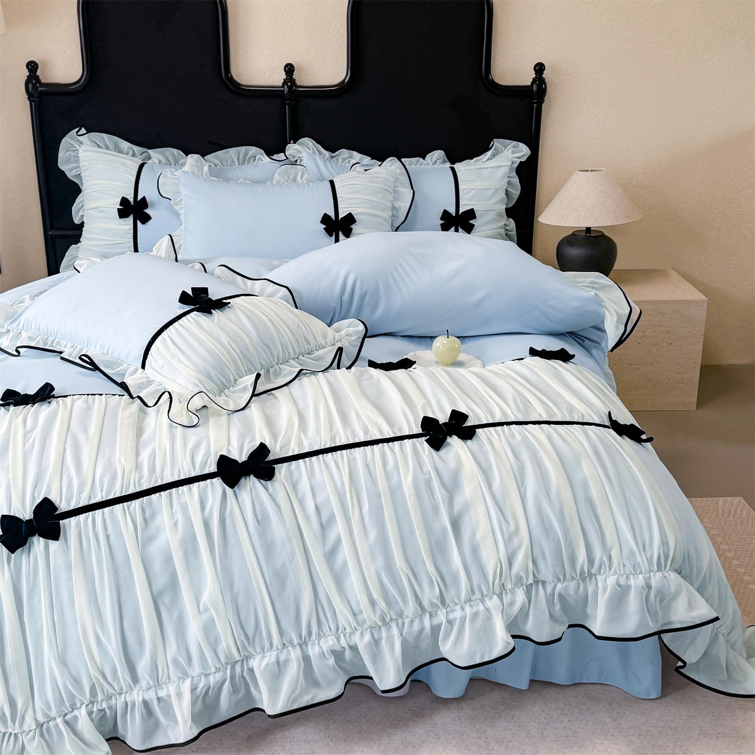 SOUKECHY Princess Pink Ruffle Duvet Cover Set with Bowtie
