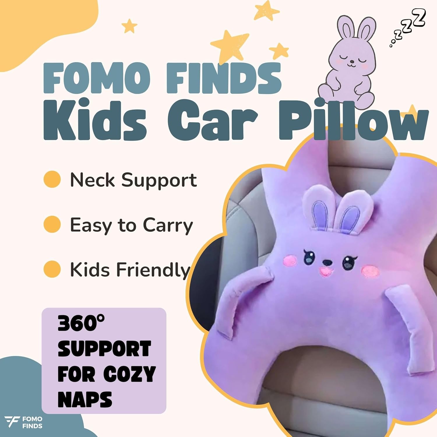 Kids Car Sleeping Pillow - X-Shaped Plush Animal with Seat Belt Slot - Purple