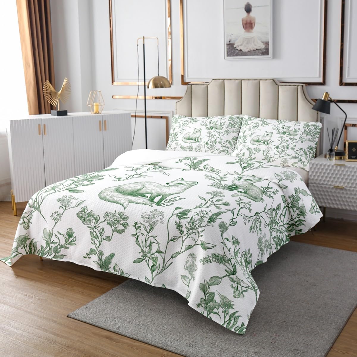 Erosebridal Kids Fox Quilt Set with Botanical Leaves Flowers