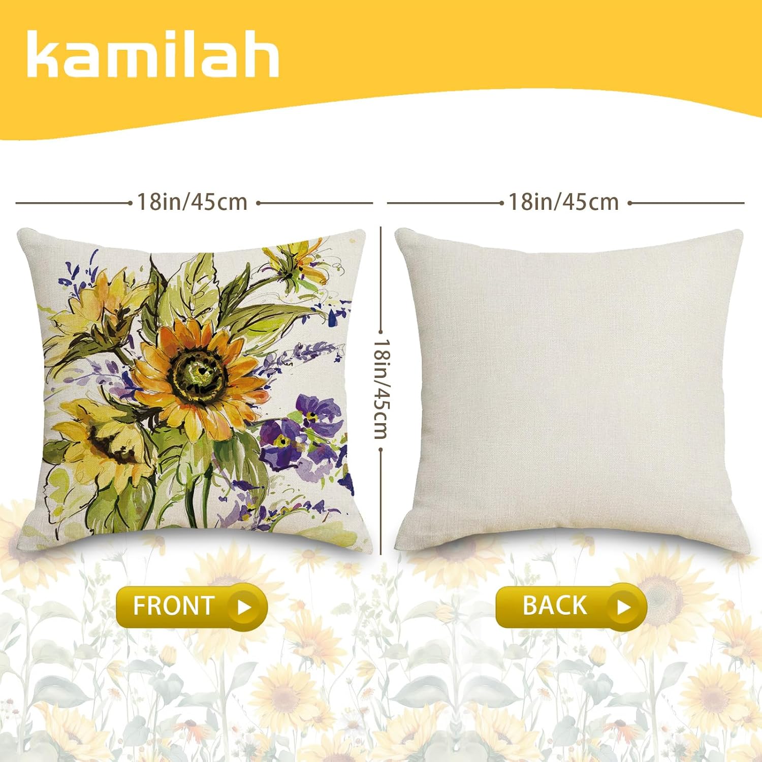 Kamiilah Sunflower Pillow Covers 2 Pack 18x18 Inch