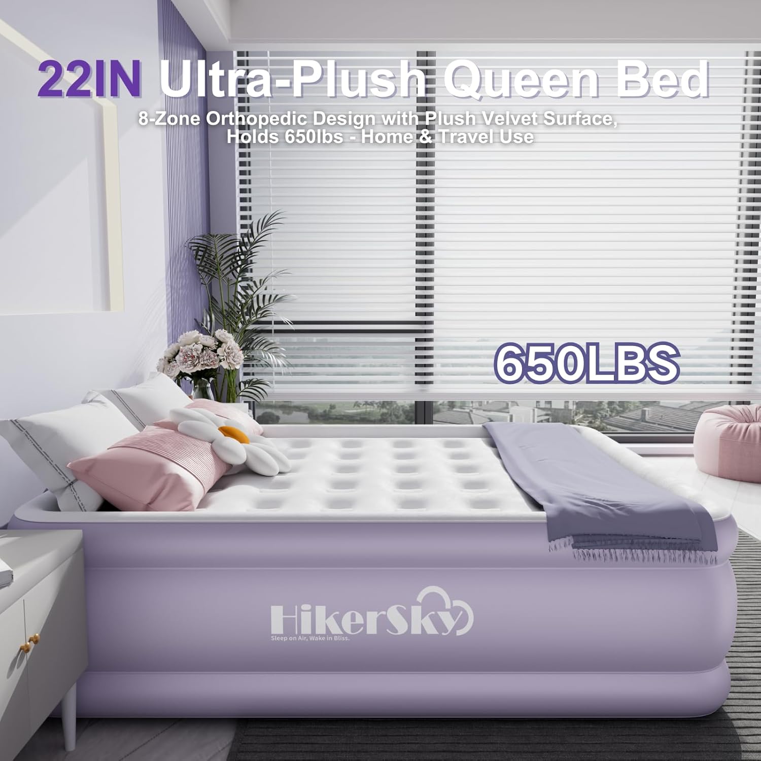 HikerSKY Queen Air Mattress with Wireless Pump 22 Inch Purple