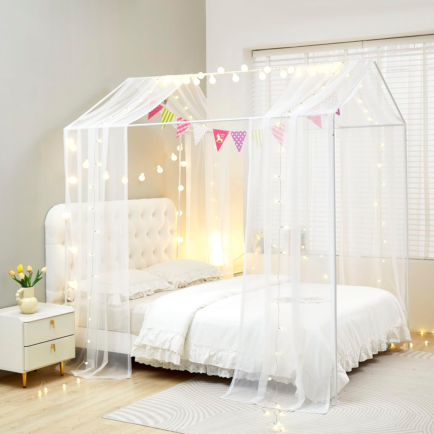 Mengersi Bed Canopy with Lights TwinTwin XL White