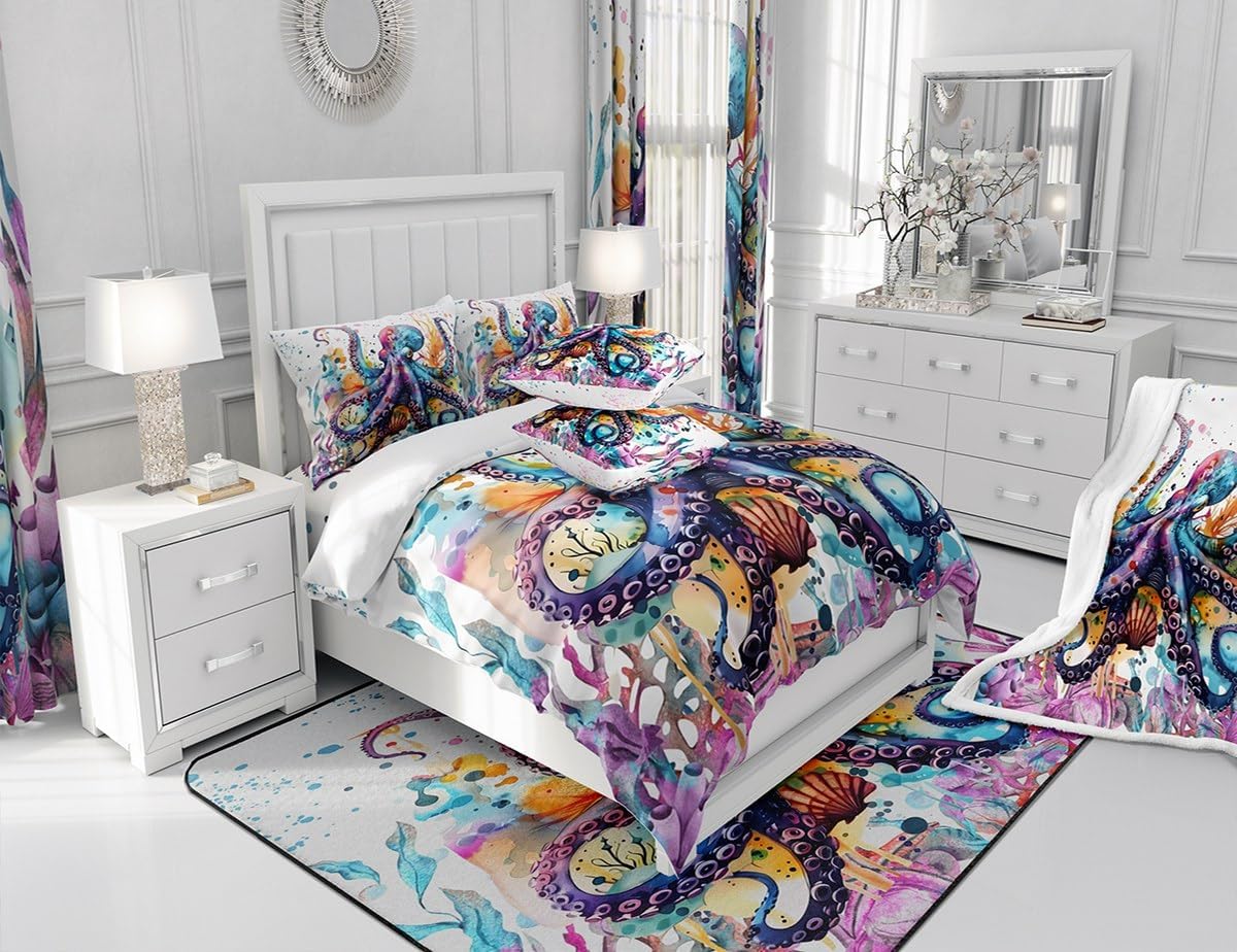 Feelyou Octopus Bedspread Set Twin Size Kids Ocean Kraken Quilted Coverlet