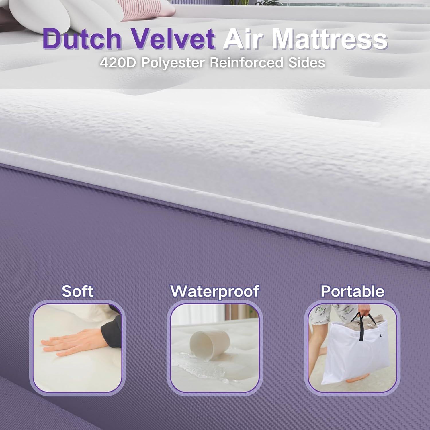HikerSKY Queen Air Mattress with Wireless Pump 22 Inch Purple