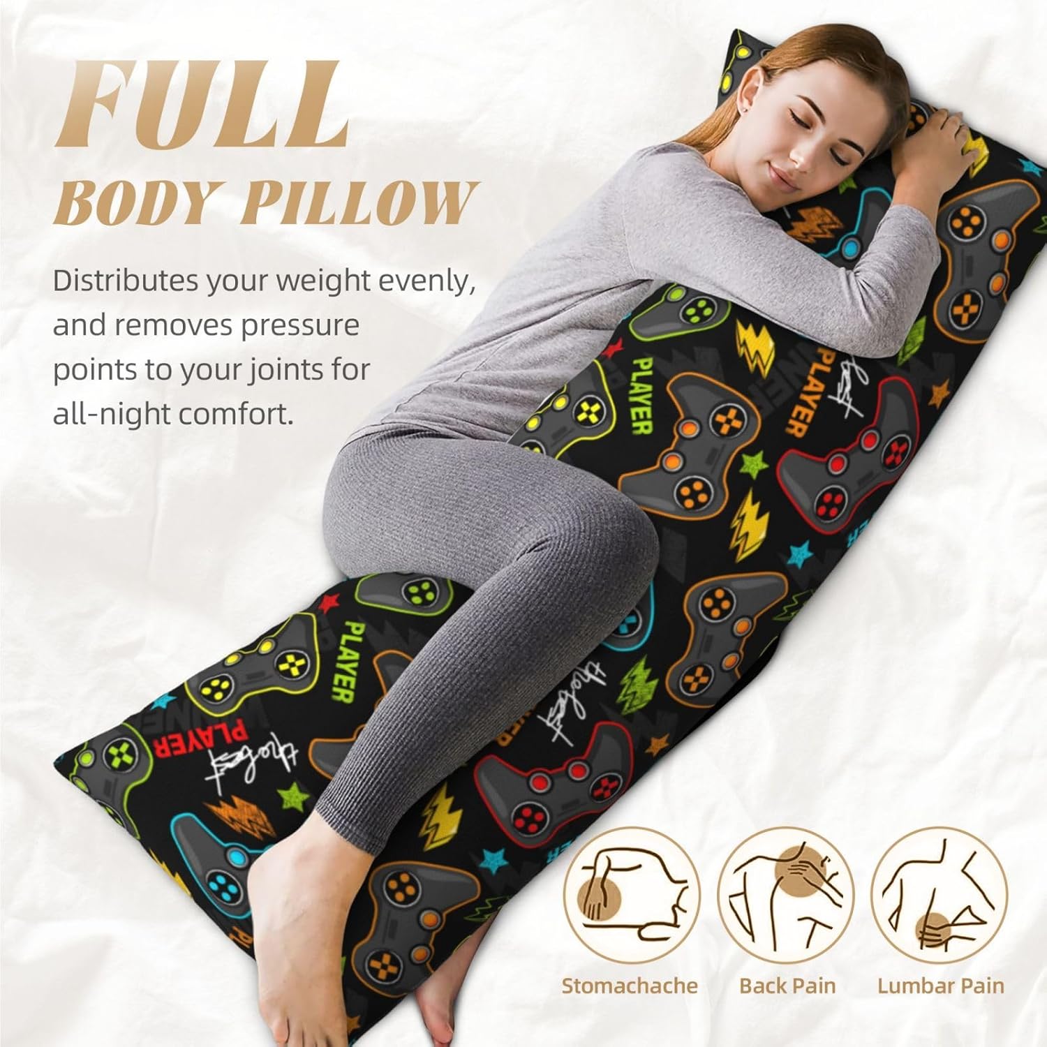 Gaming Body Pillow Case for Boys 20x60 Microfiber with Zipper