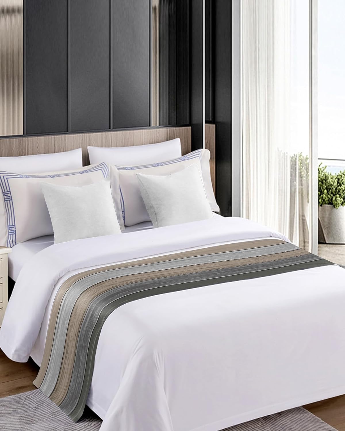 Litter Star King Bed Runner Farmhouse Gradient Gray Wood Grain Bedding Scarf