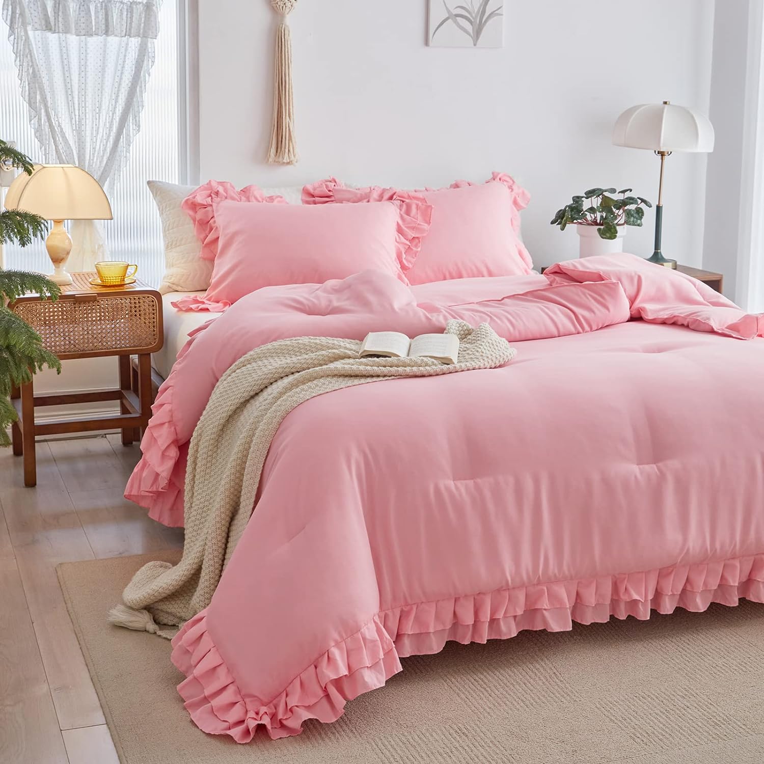 Pink Ruffled Comforter Set Twin Size 3 pcs