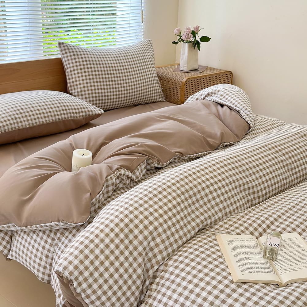 Twin Grid Gingham Duvet Cover Set - Washed Microfiber