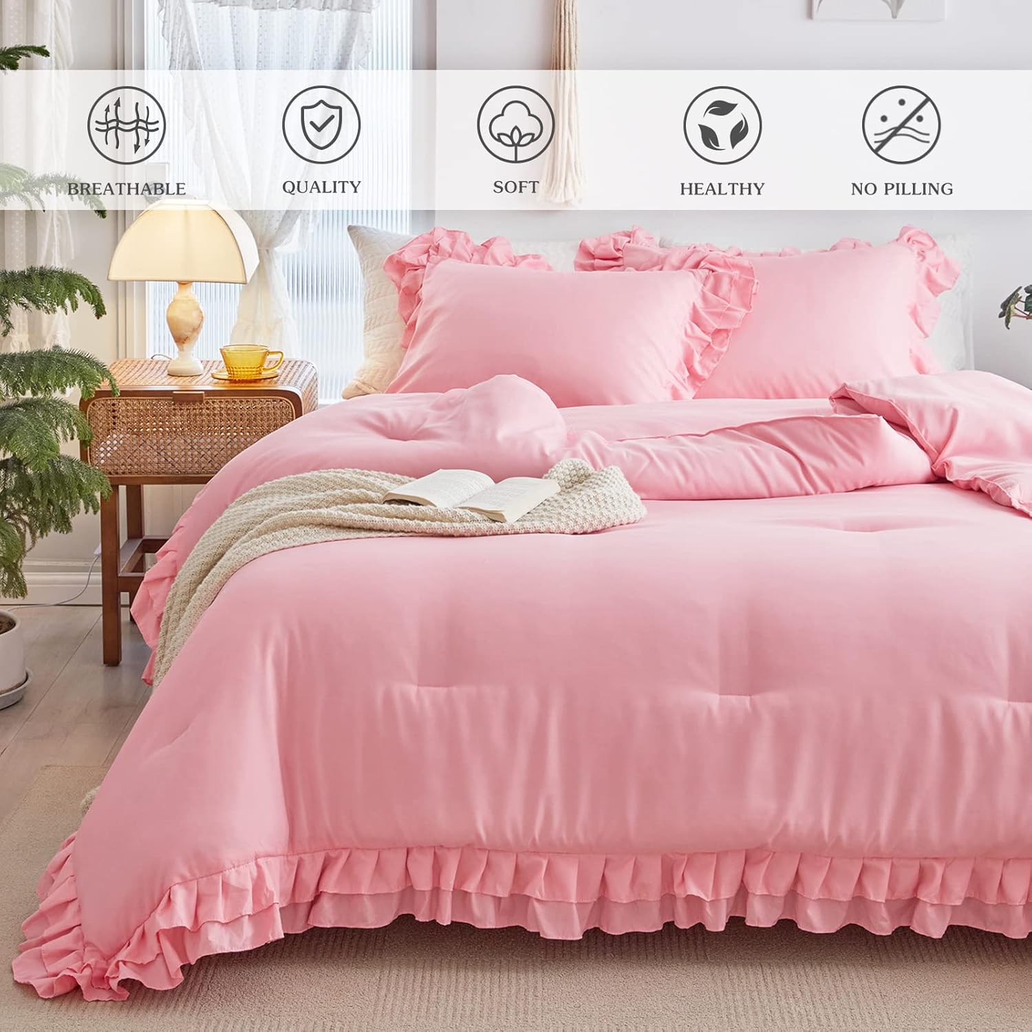 Pink Ruffled Comforter Set Twin Size 3 pcs