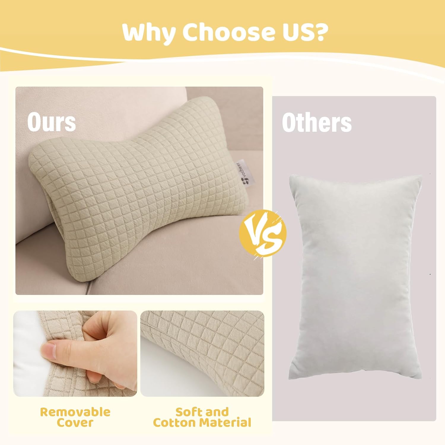 vocheer 11x7in Mini Travel Pillow Cotton Removable Cover Machine Washable Dark Beige-1PC