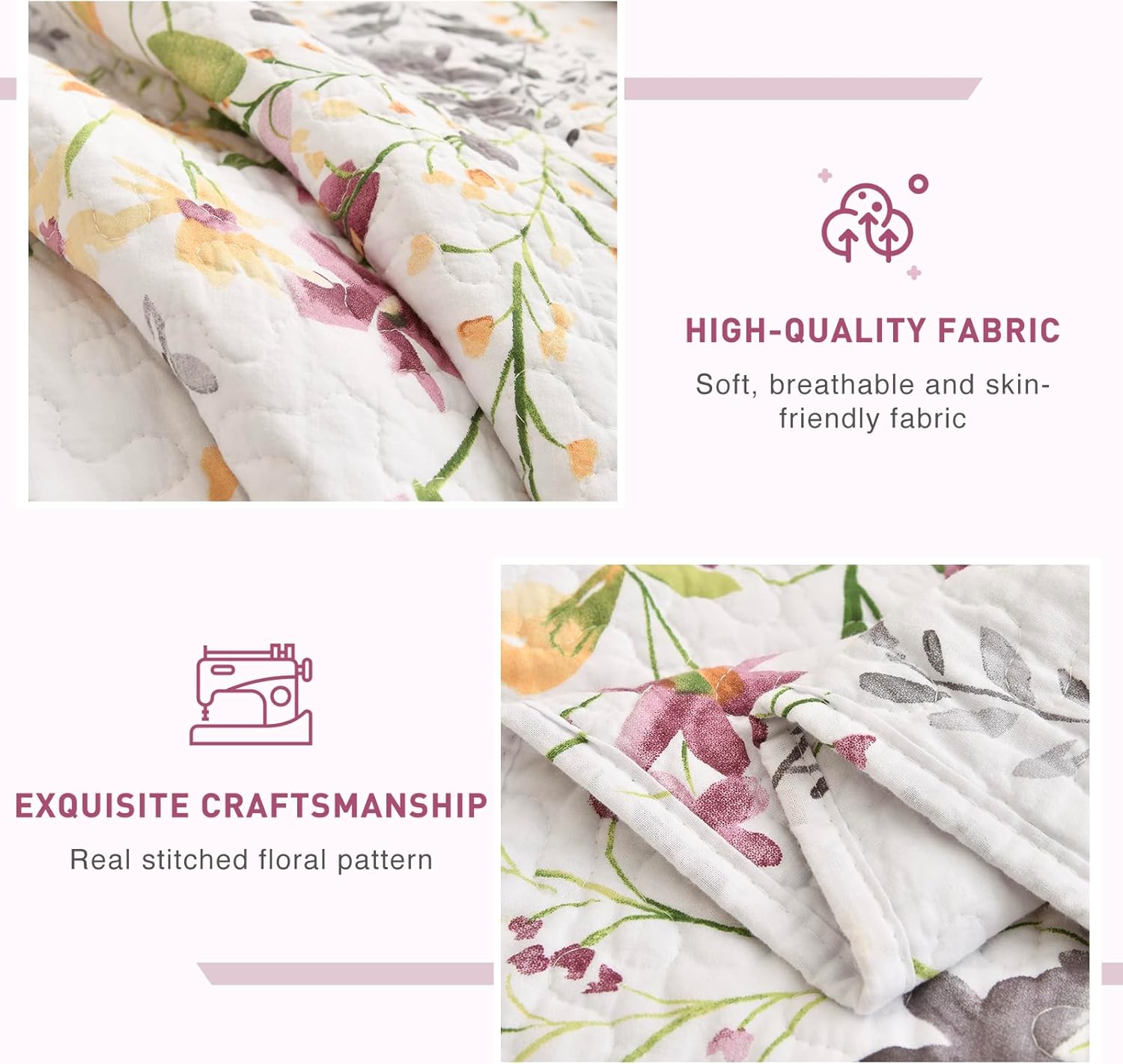 Lady Ann Wild Floral Printed Queen Bed Quilt Set 3 PCS