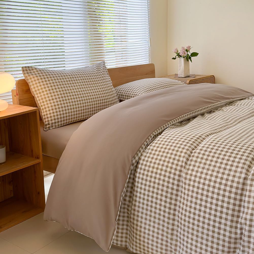 Twin Grid Gingham Duvet Cover Set - Washed Microfiber