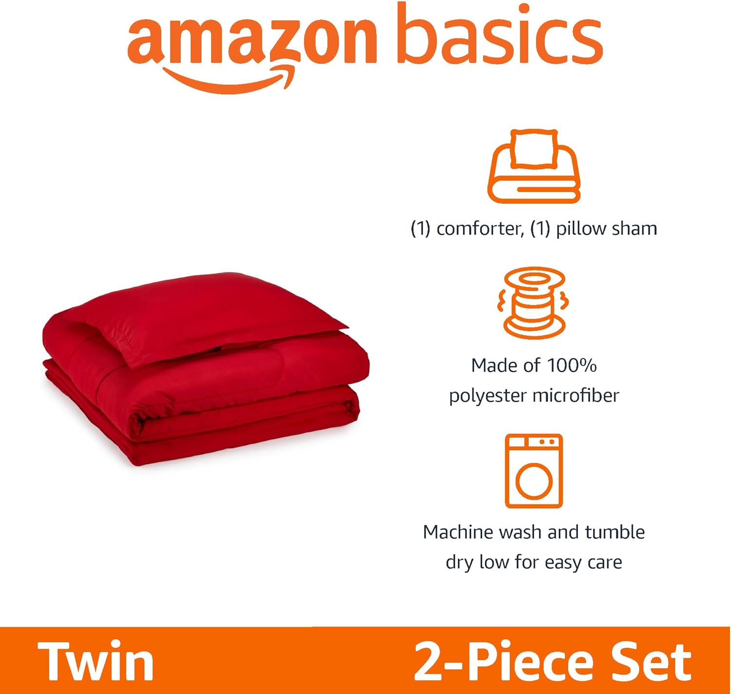 Amazon Basics Kids Comforter and Pillow Sham Set Red Twin