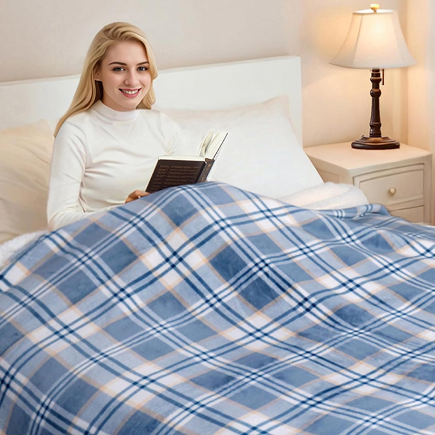 PU MEI Sherpa Blanket Queen Plaid - Blue White Check