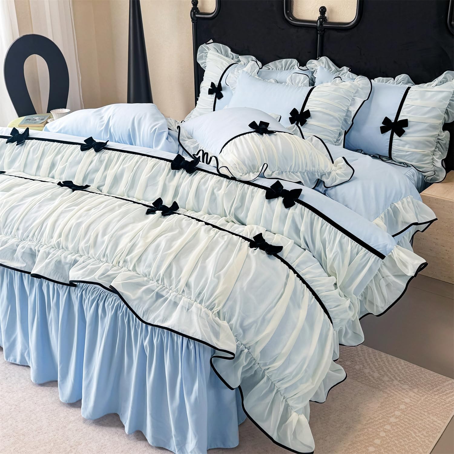 SOUKECHY Princess Pink Ruffle Duvet Cover Set with Bowtie
