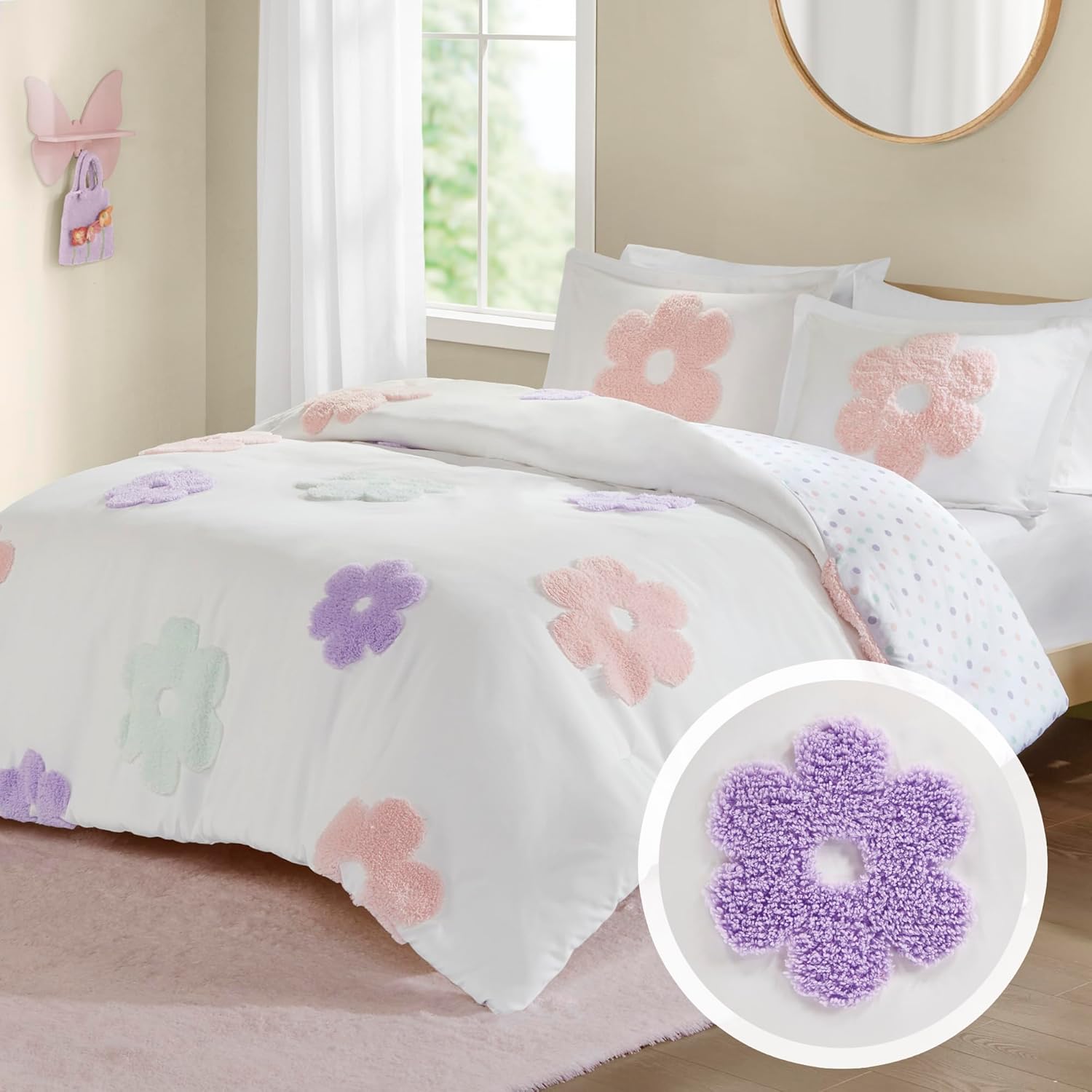 Queen Duvet Cover Set for Girls - Floral Polka Dot Reversible